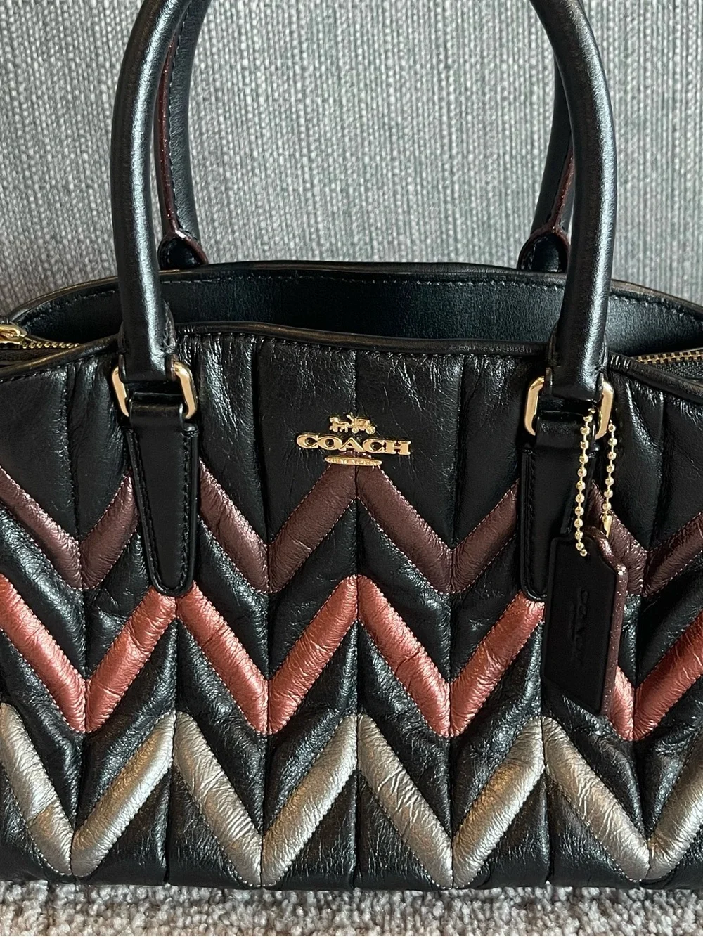 Coach Mini Sage Metallic Chevron Quilted Leather Satchel, Black Multi, F37372